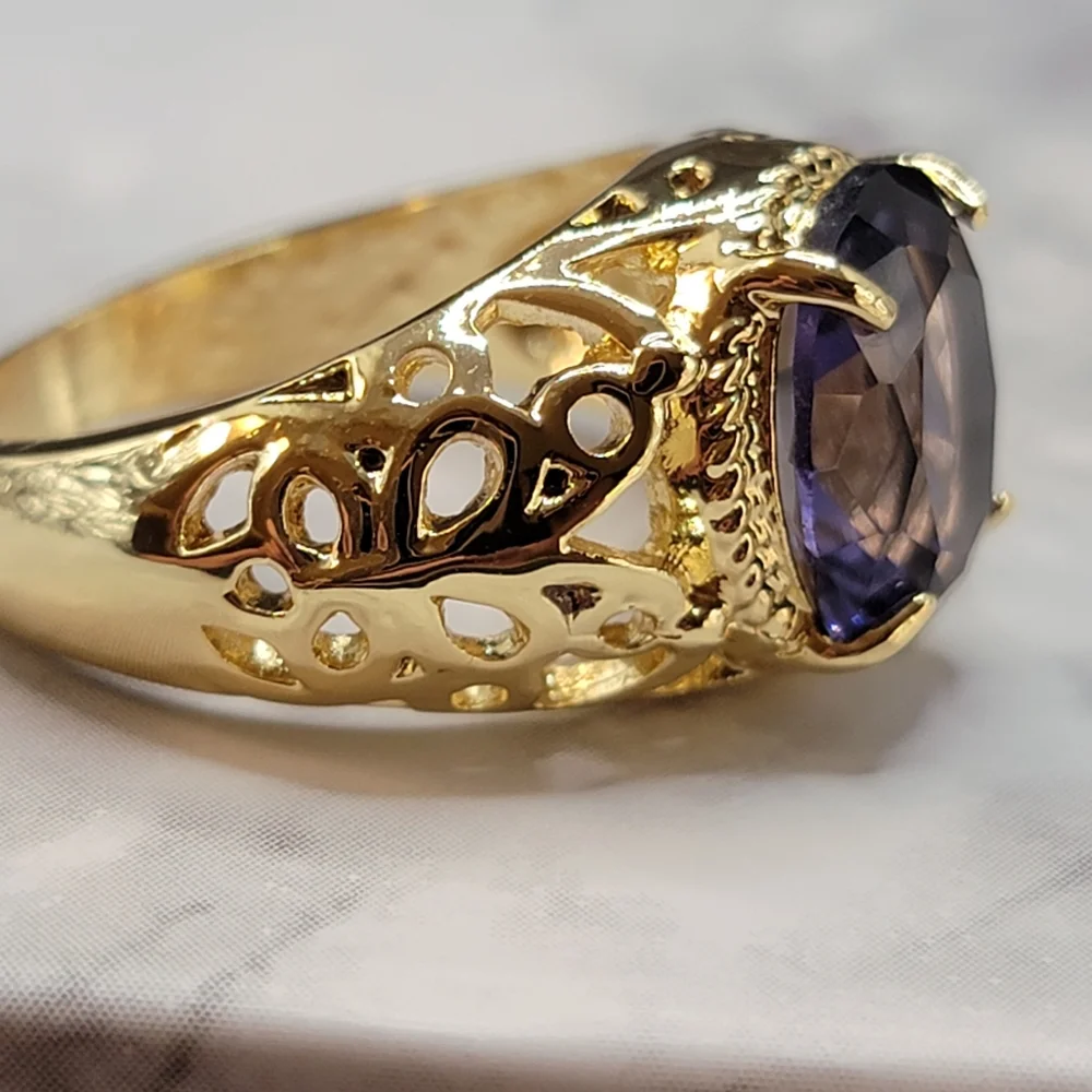Gold Tone Simulated Purple Gemstone Butterfly Filigree Ring